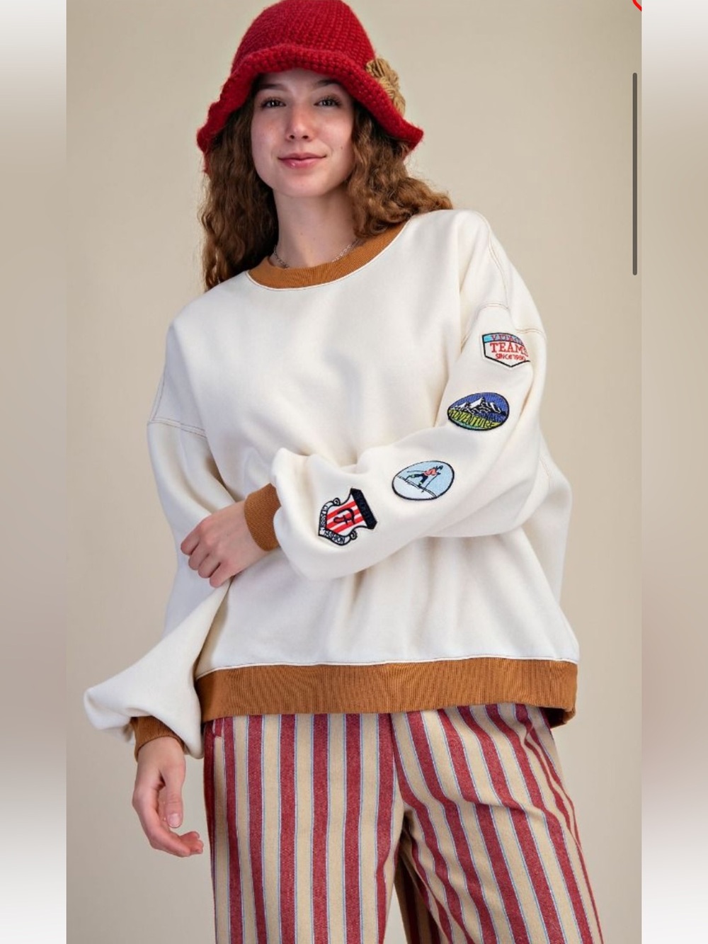 544. Cream patchwork embroidered SKI French Terry sweatshirt